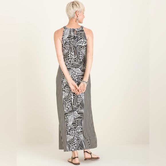 Chicos Tropical Print Flattering Stripes Halter Keyhole Tie Neck Maxi Dress 0P - Picture 2 of 15
